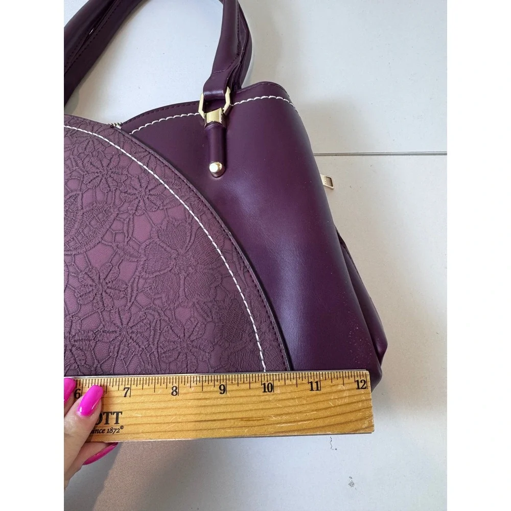 Y2K Purple Faux Leather‎ Lace Overlay Satchel Bag Women Medium Structured Chic